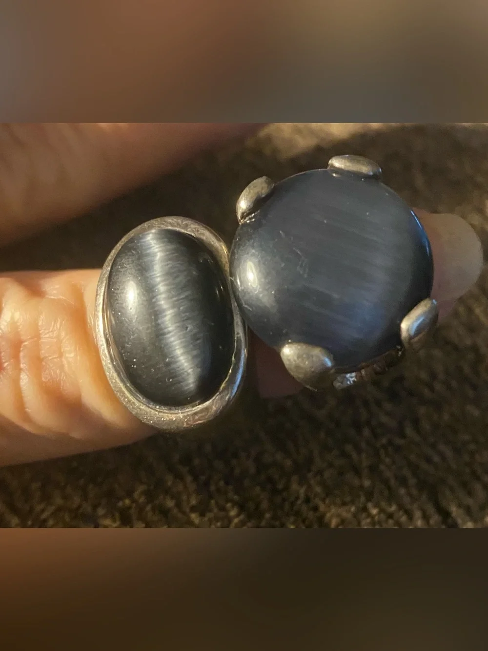 Vintage Cat's Eye Statement Ring Lot (2) Grey Blue & Black Moon Glow Size 6 Boho